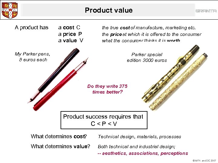 Product value A product has a cost C a price P a value V