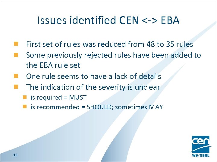Issues identified CEN <-> EBA First set of rules was reduced from 48 to