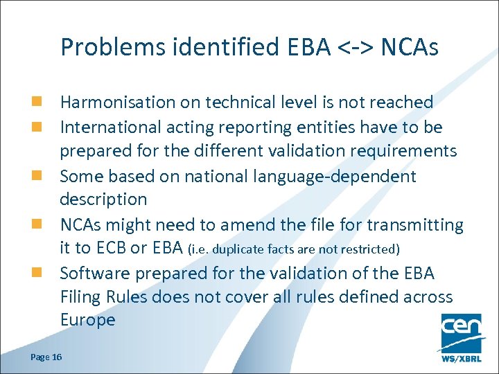 Problems identified EBA <-> NCAs Harmonisation on technical level is not reached International acting