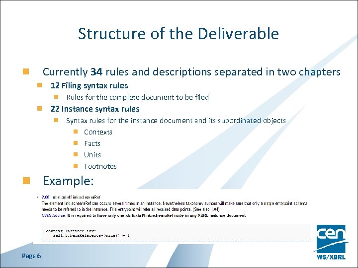 Structure of the Deliverable Currently 34 rules and descriptions separated in two chapters 12