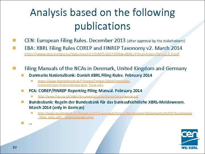 Analysis based on the following publications CEN: European Filing Rules. December 2013 (after approval