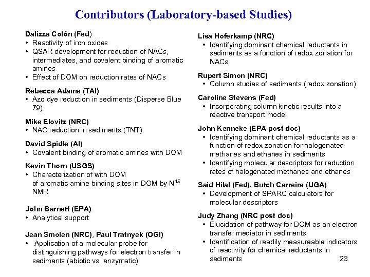 Contributors (Laboratory-based Studies) Dalizza Colón (Fed) • Reactivity of iron oxides • QSAR development