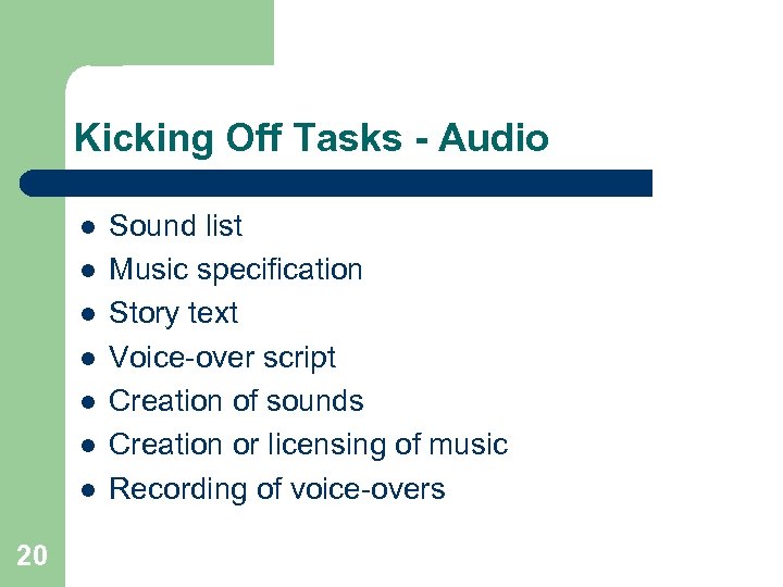 Kicking Off Tasks - Audio l l l l 20 Sound list Music specification