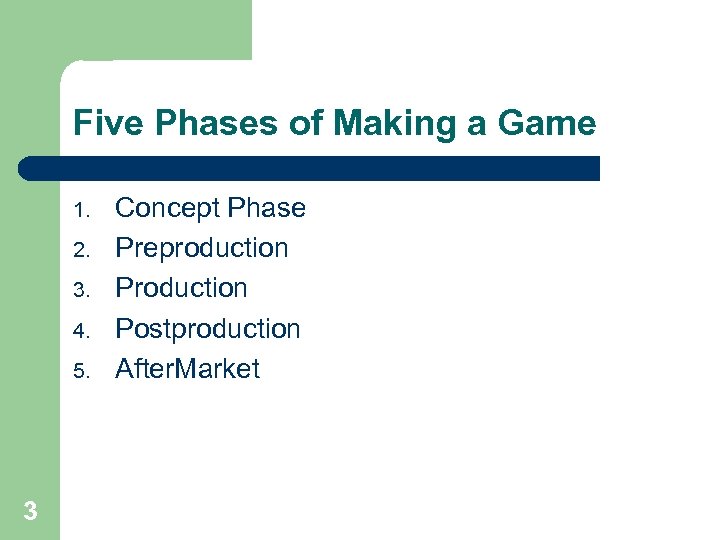 Five Phases of Making a Game 1. 2. 3. 4. 5. 3 Concept Phase