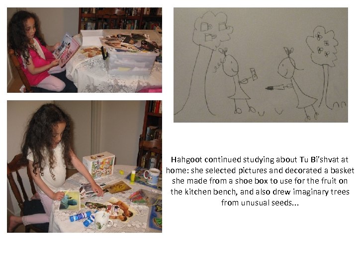 Hahgoot continued studying about Tu Bi’shvat at home: she selected pictures and decorated a
