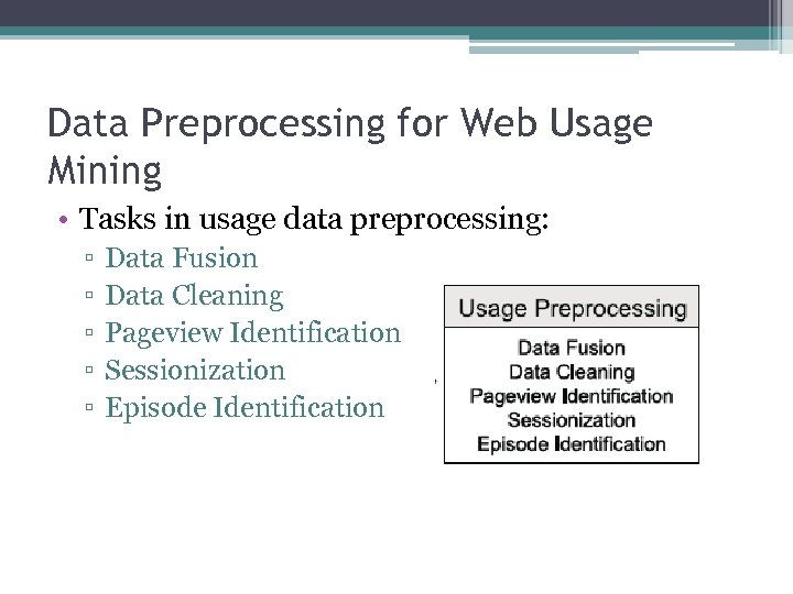 Data Preprocessing for Web Usage Mining • Tasks in usage data preprocessing: ▫ ▫