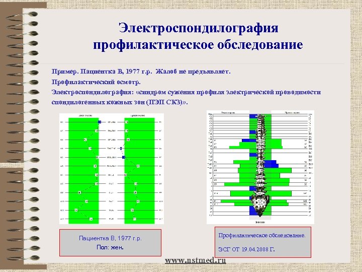 Электроспондилография профилактическое обследование Пример. Пациентка В, 1977 г. р. Жалоб не предъявляет. Профилактический осмотр.