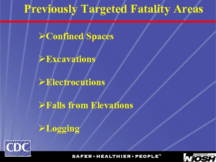 Previously Targeted Fatality Areas ØConfined Spaces ØExcavations ØElectrocutions ØFalls from Elevations ØLogging 