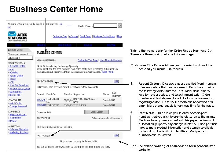 Business Center Home This is the home page for the Order Ussco Business Ctr.