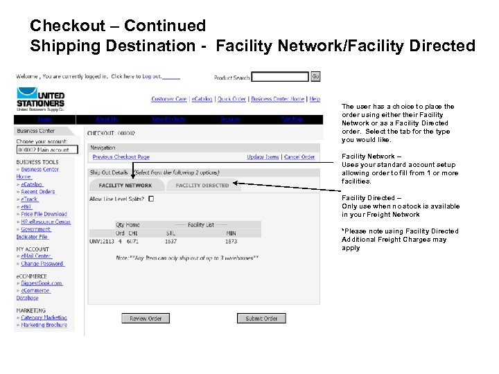 Checkout – Continued Shipping Destination - Facility Network/Facility Directed The user has a choice