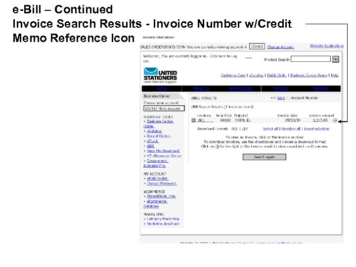 e-Bill – Continued Invoice Search Results - Invoice Number w/Credit Memo Reference Icon 