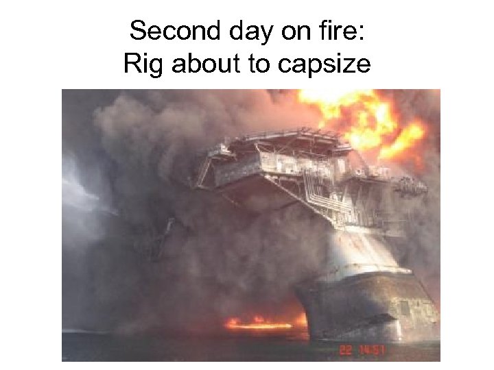 Second day on fire: Rig about to capsize 