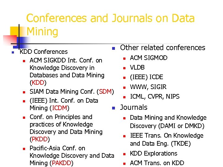 Conferences and Journals on Data Mining n n KDD Conferences n ACM SIGKDD Int.