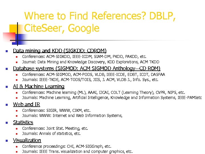 Where to Find References? DBLP, Cite. Seer, Google n Data mining and KDD (SIGKDD: