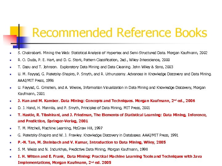 Recommended Reference Books n S. Chakrabarti. Mining the Web: Statistical Analysis of Hypertex and