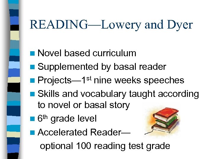 READING—Lowery and Dyer n Novel based curriculum n Supplemented by basal reader n Projects—