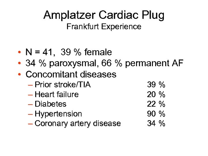 Amplatzer Cardiac Plug Frankfurt Experience • • • N = 41, 39 % female
