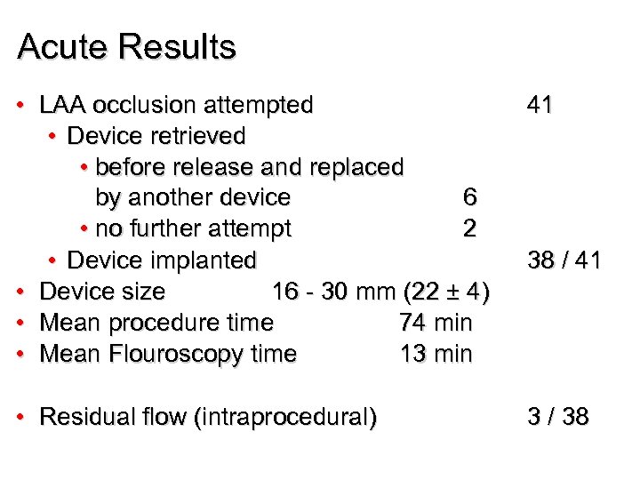 Acute Results • LAA occlusion attempted • Device retrieved • before release and replaced