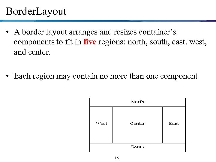 Border. Layout • A border layout arranges and resizes container’s components to fit in