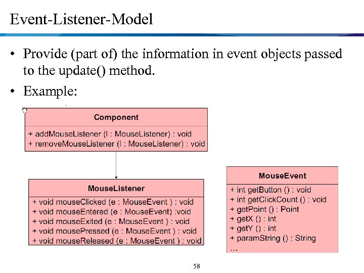 Event-Listener-Model • Provide (part of) the information in event objects passed to the update()