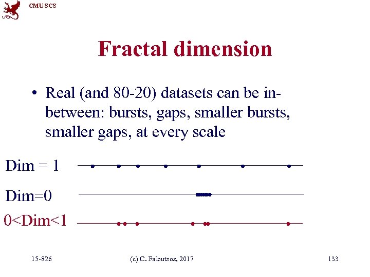 CMU SCS Fractal dimension • Real (and 80 -20) datasets can be inbetween: bursts,