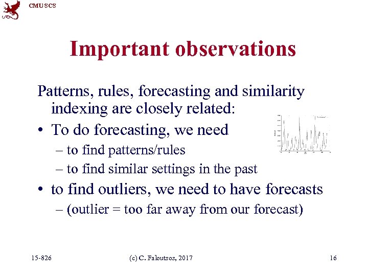 CMU SCS Important observations Patterns, rules, forecasting and similarity indexing are closely related: •