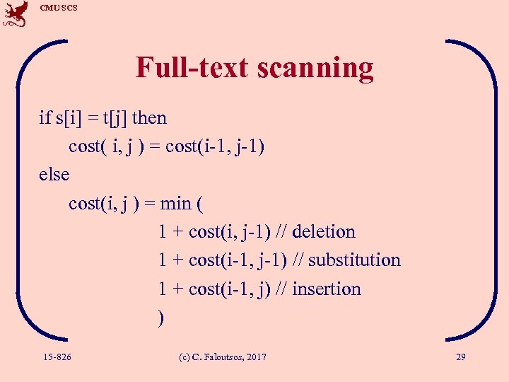 CMU SCS Full-text scanning if s[i] = t[j] then cost( i, j ) =