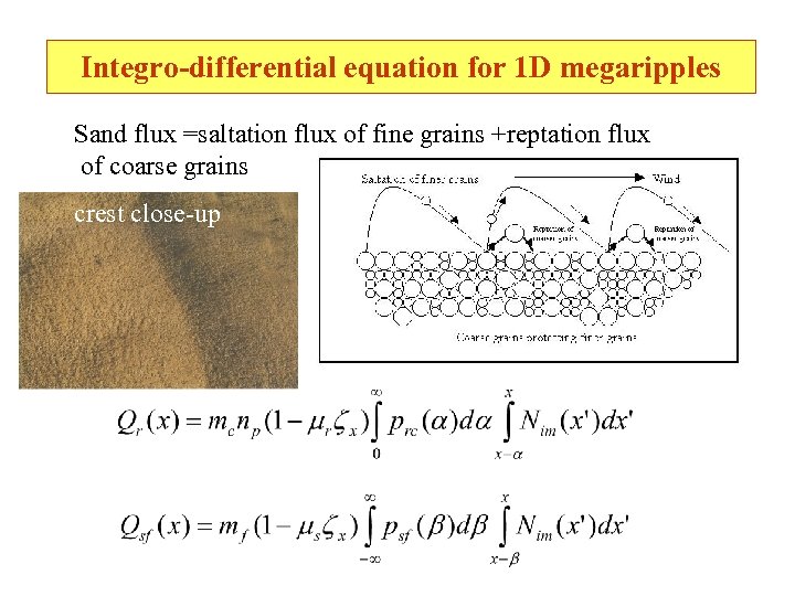 Integro-differential equation for 1 D megaripples Sand flux =saltation flux of fine grains +reptation