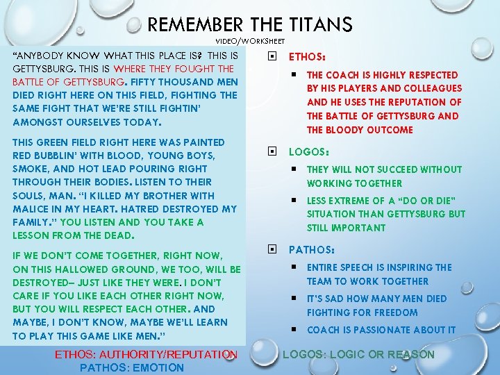 REMEMBER THE TITANS VIDEO/WORKSHEET “ANYBODY KNOW WHAT THIS PLACE IS? THIS IS GETTYSBURG. THIS