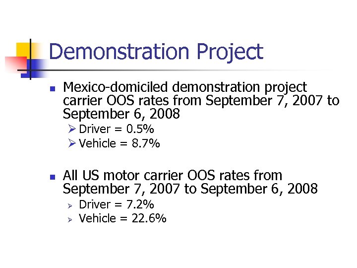 Demonstration Project n Mexico-domiciled demonstration project carrier OOS rates from September 7, 2007 to