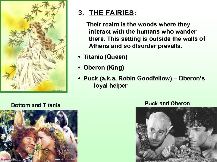 3. THE FAIRIES: Their realm is the woods where they interact with the humans