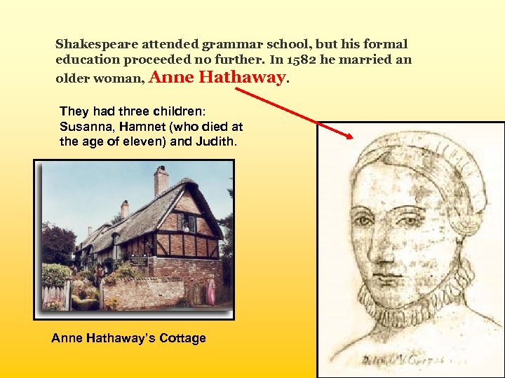 Shakespeare attended grammar school, but his formal education proceeded no further. In 1582 he