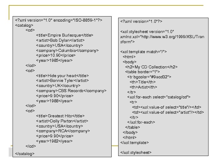 <? xml version="1. 0" encoding="ISO-8859 -1"? > <catalog> <cd> <title>Empire Burlesque</title> <artist>Bob Dylan</artist> <country>USA</country>