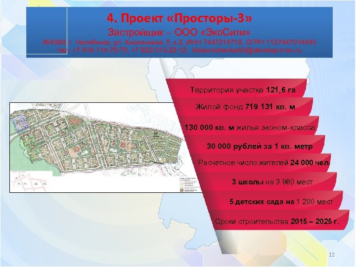 4. Проект «Просторы-3» Застройщик – ООО «Эко. Сити» 454084, г. Челябинск, ул. Каслинская, 5,