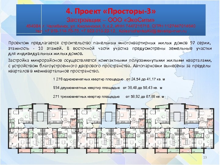 4. Проект «Просторы-3» Застройщик – ООО «Эко. Сити» 454084, г. Челябинск, ул. Каслинская, 5,