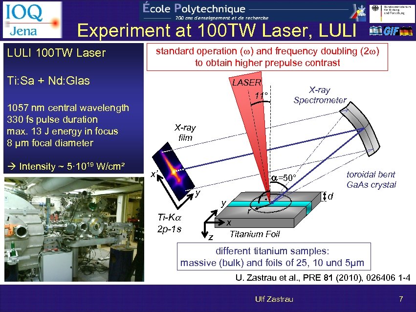 Experiment at 100 TW Laser, LULI 100 TW Laser standard operation (w) and frequency