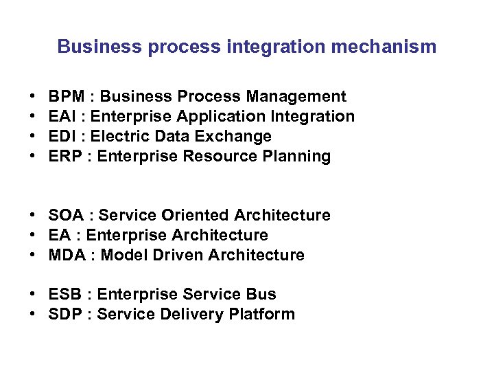 Business process integration mechanism • • BPM : Business Process Management EAI : Enterprise