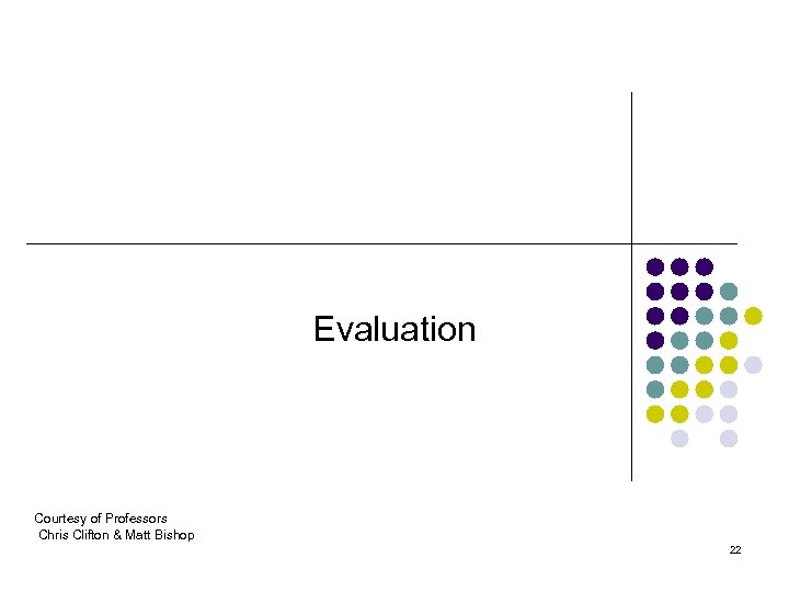 Evaluation Courtesy of Professors Chris Clifton & Matt Bishop 22 
