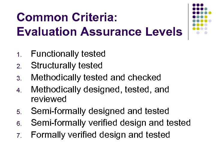 Common Criteria: Evaluation Assurance Levels 1. 2. 3. 4. 5. 6. 7. Functionally tested