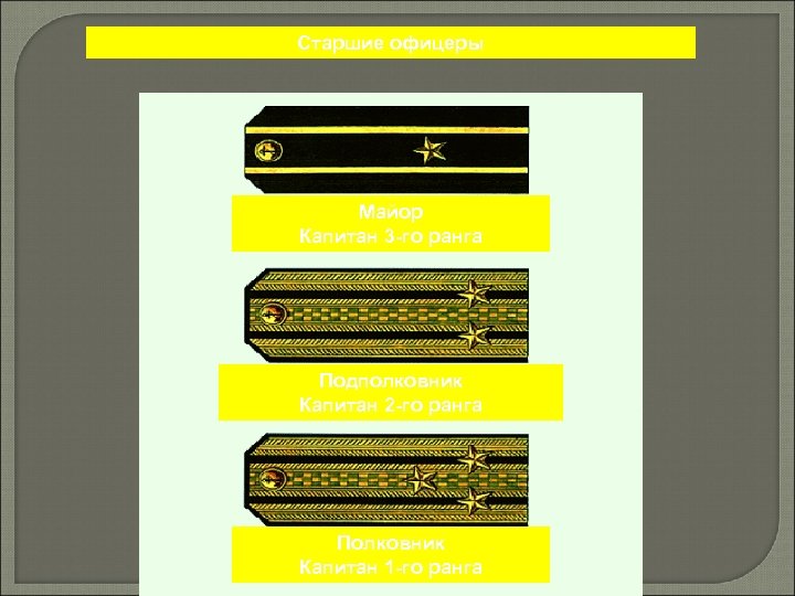Старшие офицеры Майор Капитан 3 -го ранга Подполковник Капитан 2 -го ранга Полковник Капитан