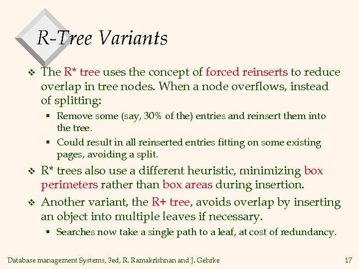 R-Tree Variants v The R* tree uses the concept of forced reinserts to reduce