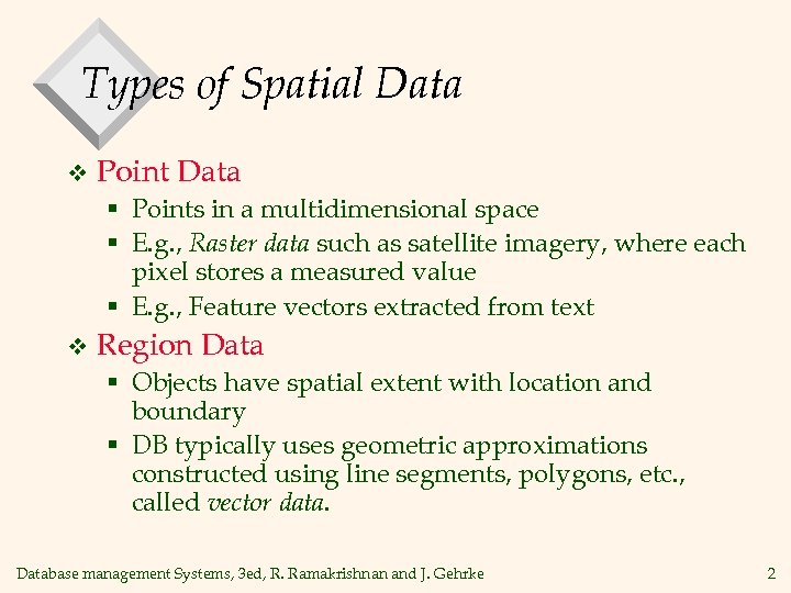 Types of Spatial Data v Point Data § Points in a multidimensional space §