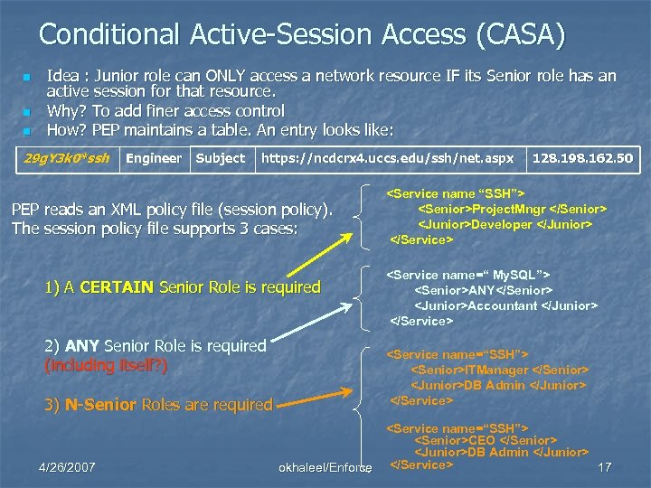 Conditional Active-Session Access (CASA) n n n Idea : Junior role can ONLY access