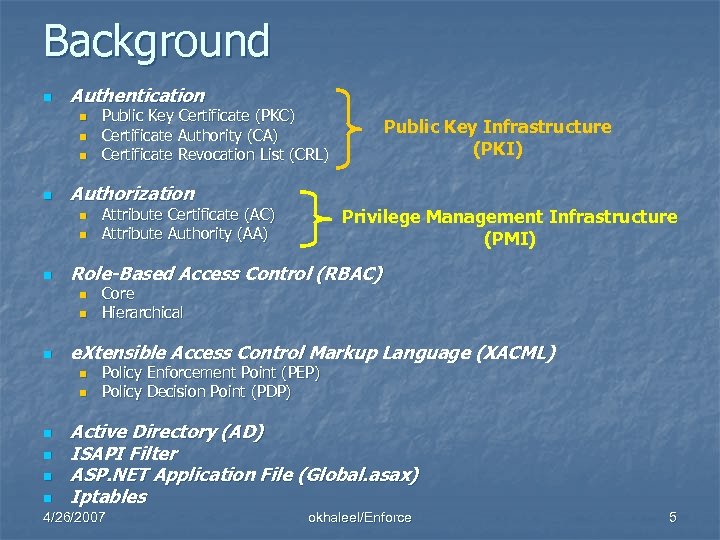 Background n Authentication n n Authorization n n n n Privilege Management Infrastructure (PMI)