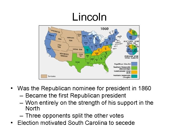 Lincoln • Was the Republican nominee for president in 1860 – Became the first