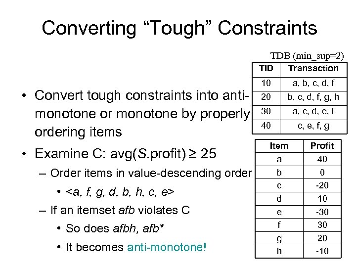 Converting “Tough” Constraints TDB (min_sup=2) TID • Convert tough constraints into antimonotone or monotone