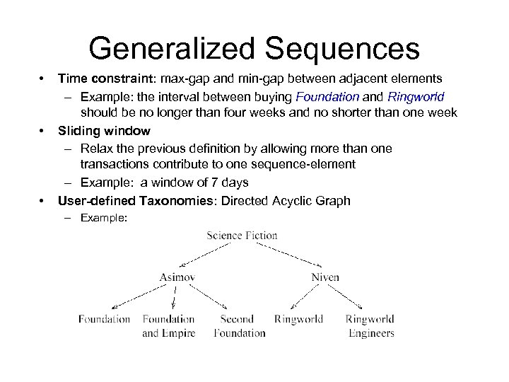 Generalized Sequences • • • Time constraint: max-gap and min-gap between adjacent elements –