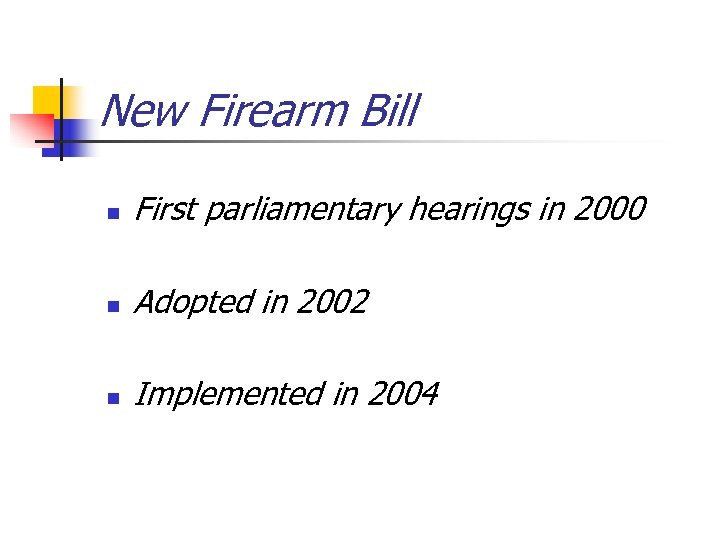 New Firearm Bill n First parliamentary hearings in 2000 n Adopted in 2002 n