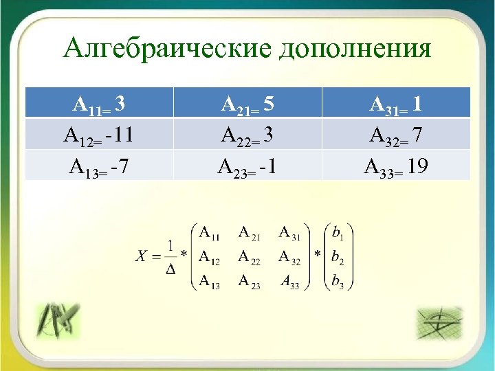 Алгебраические дополнения А 11= 3 А 12= -11 А 13= -7 А 21= 5