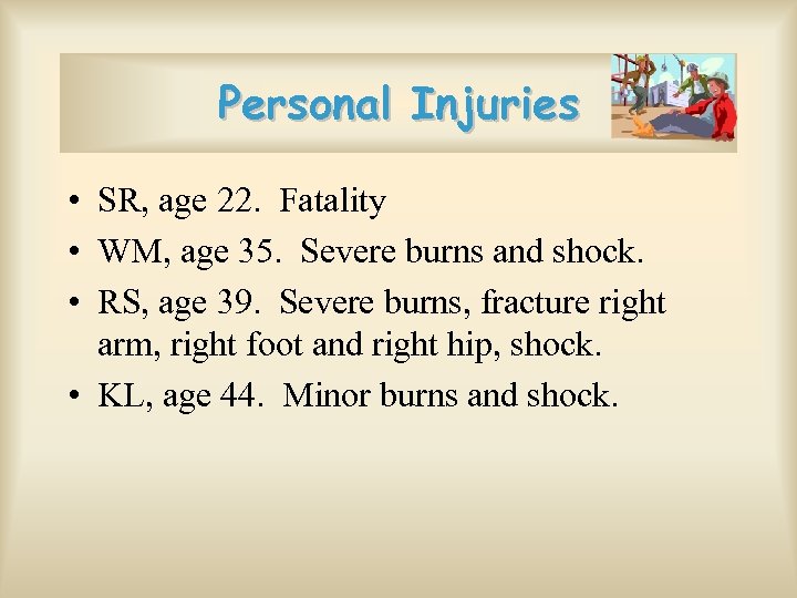 Personal Injuries • SR, age 22. Fatality • WM, age 35. Severe burns and